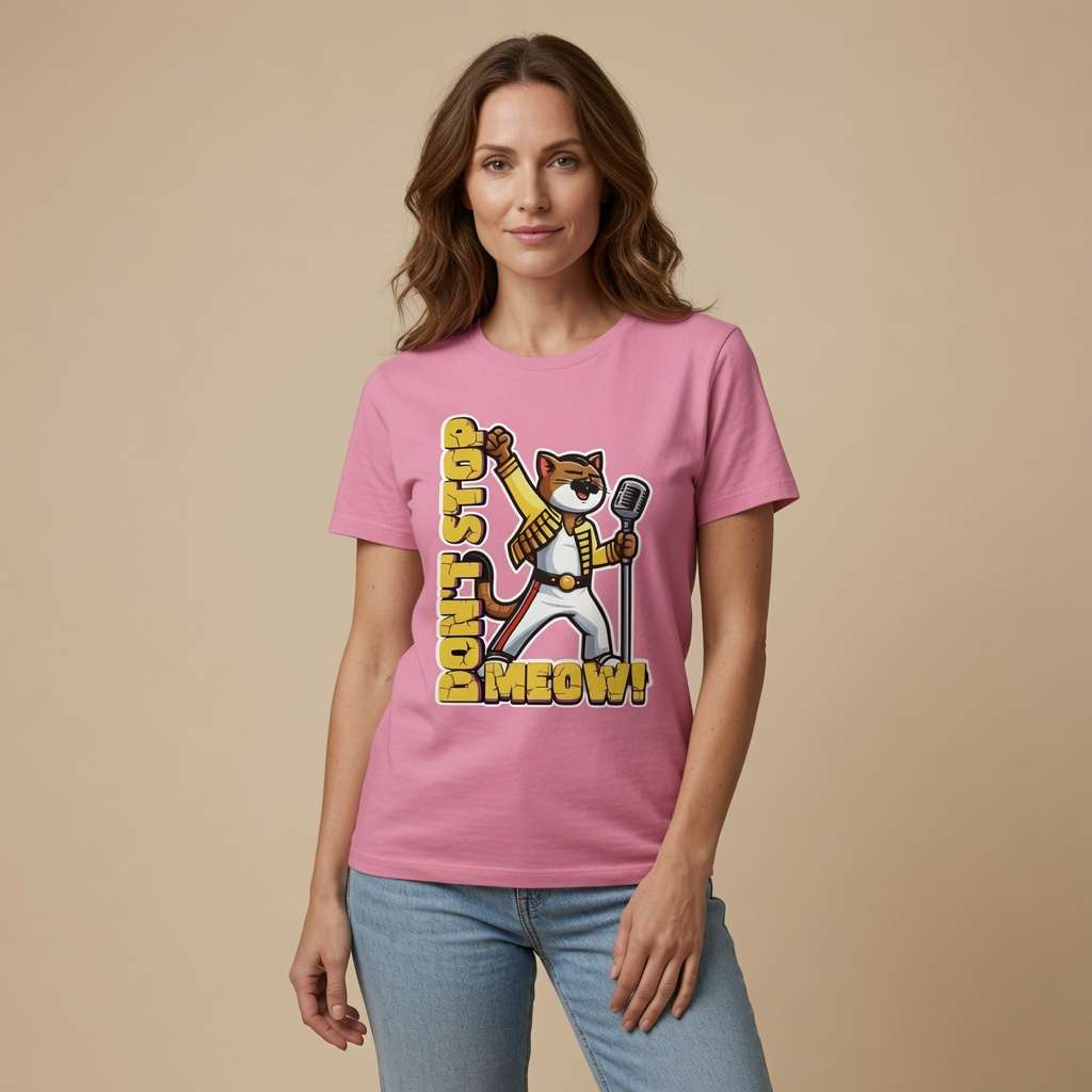 Woman in bubble pink Don’t Stop Meow t-shirt featuring Freddie-style rockstar cat, music-inspired pun