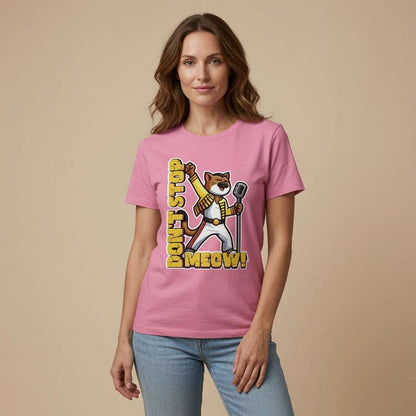 Woman in bubble pink Don’t Stop Meow t-shirt featuring Freddie-style rockstar cat, music-inspired pun