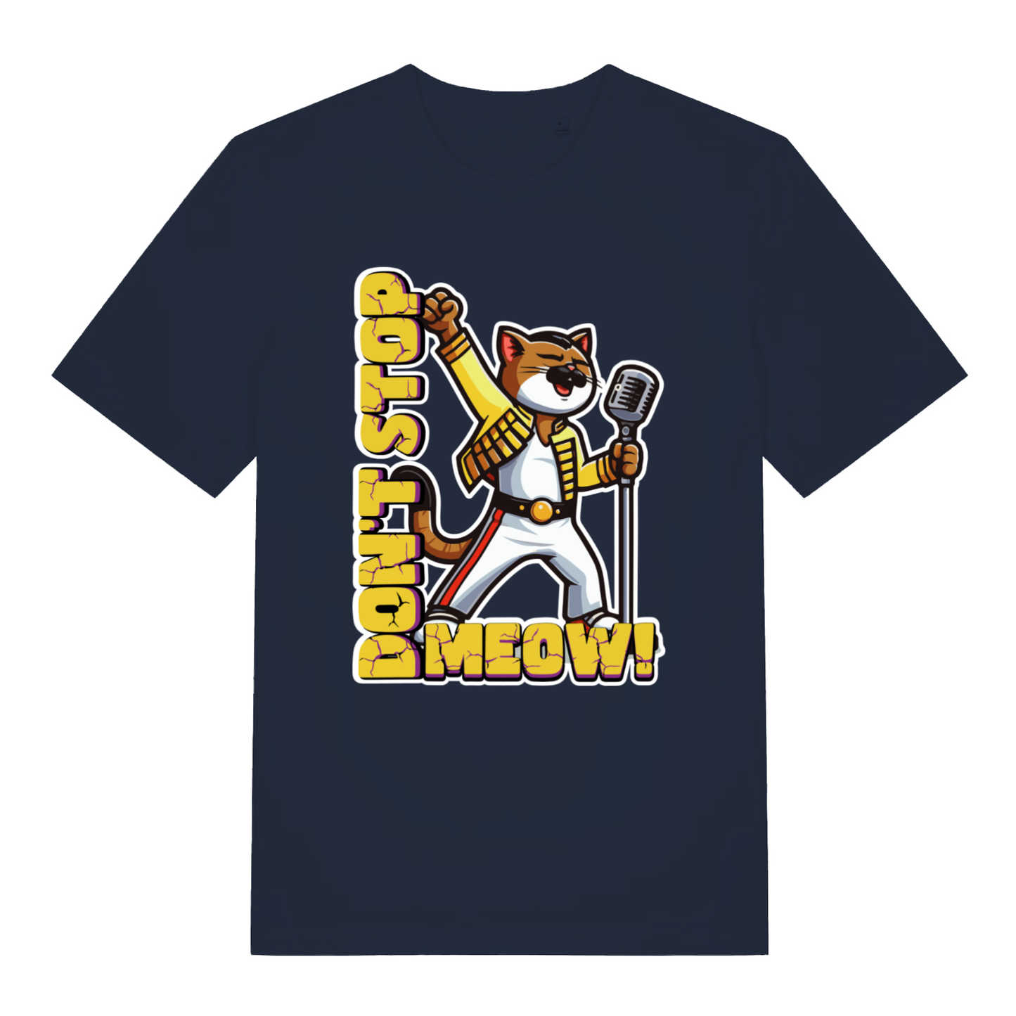 French Navy women's Don't Stop Meow T-shirt flat lay showing vibrant singing cat parody illustration