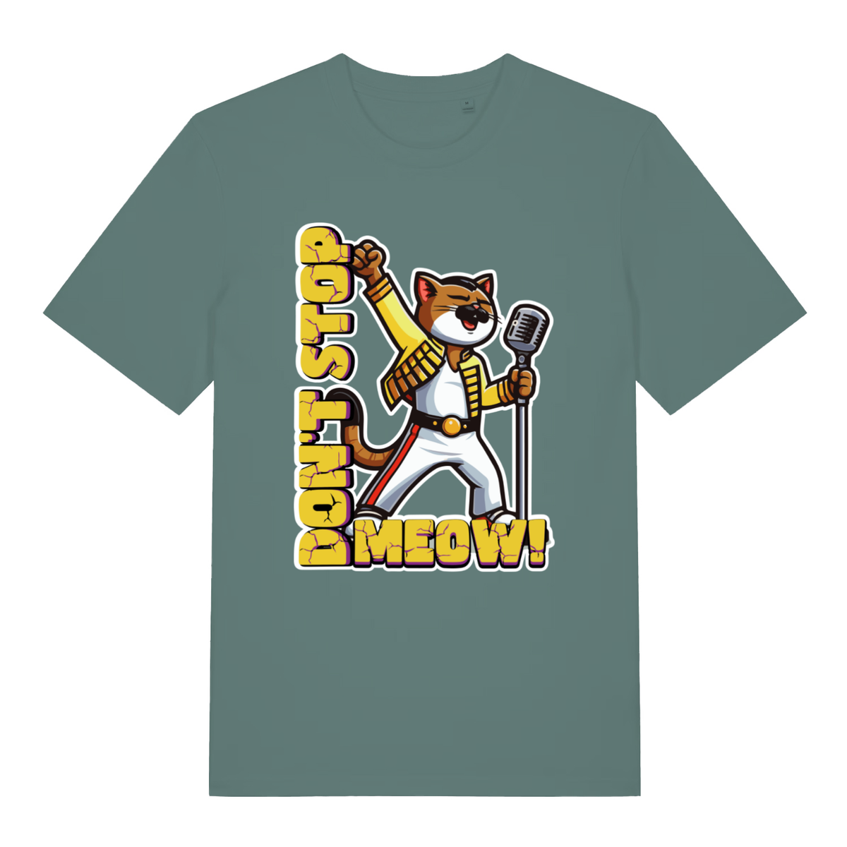 Green Bay women's Don't Stop Meow T-shirt flat lay with bold rock legend cat graphic