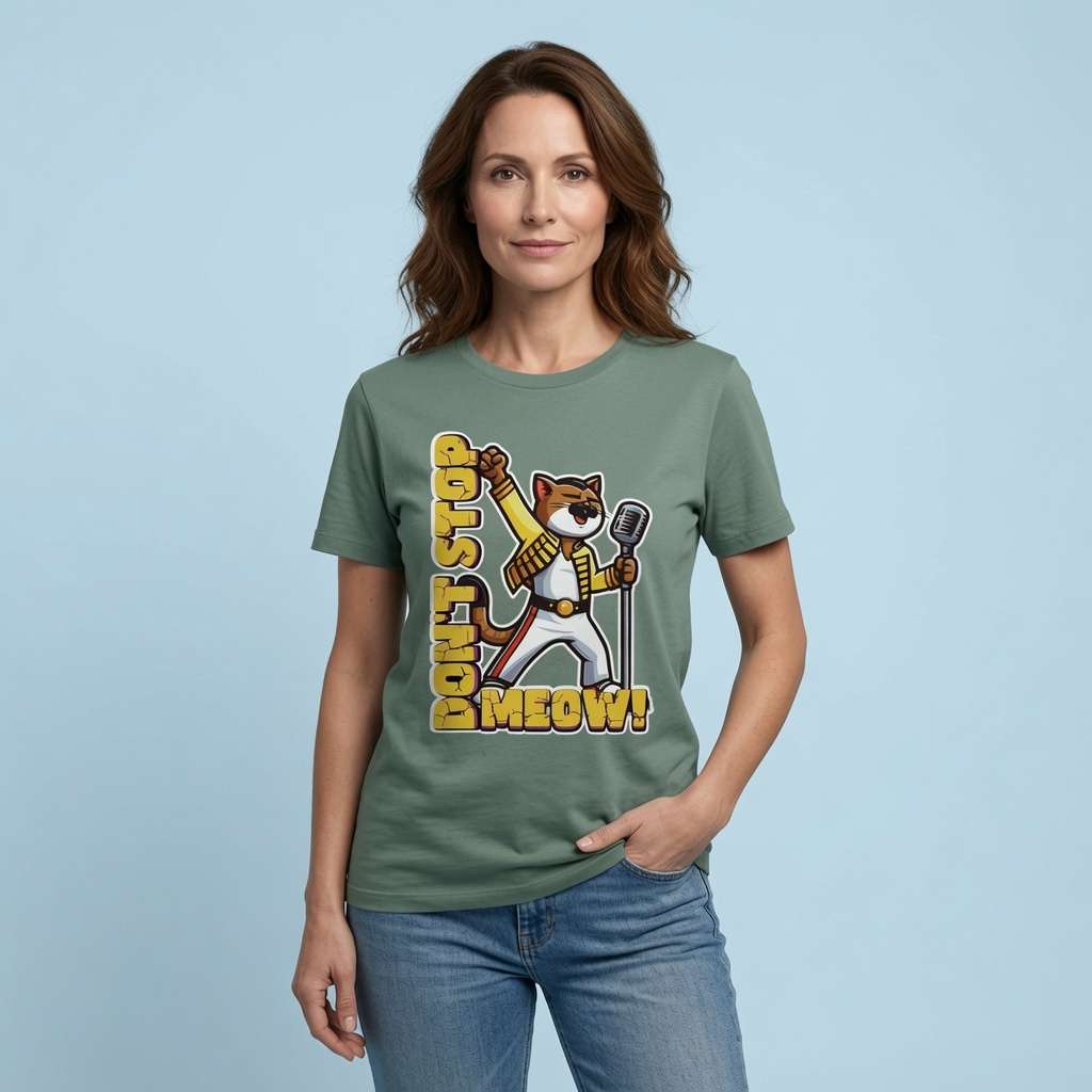 Woman posing with hand in pocket in green bay Don’t Stop Meow tee, funny ladies music-inspired cat pun