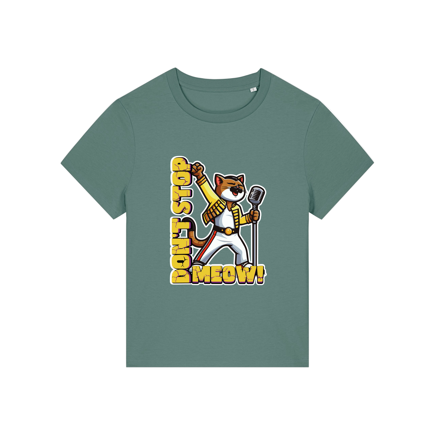 green music t-shirt with the graphic of a cat dressed as freddie mercury and the slogan 'don't stop meow'