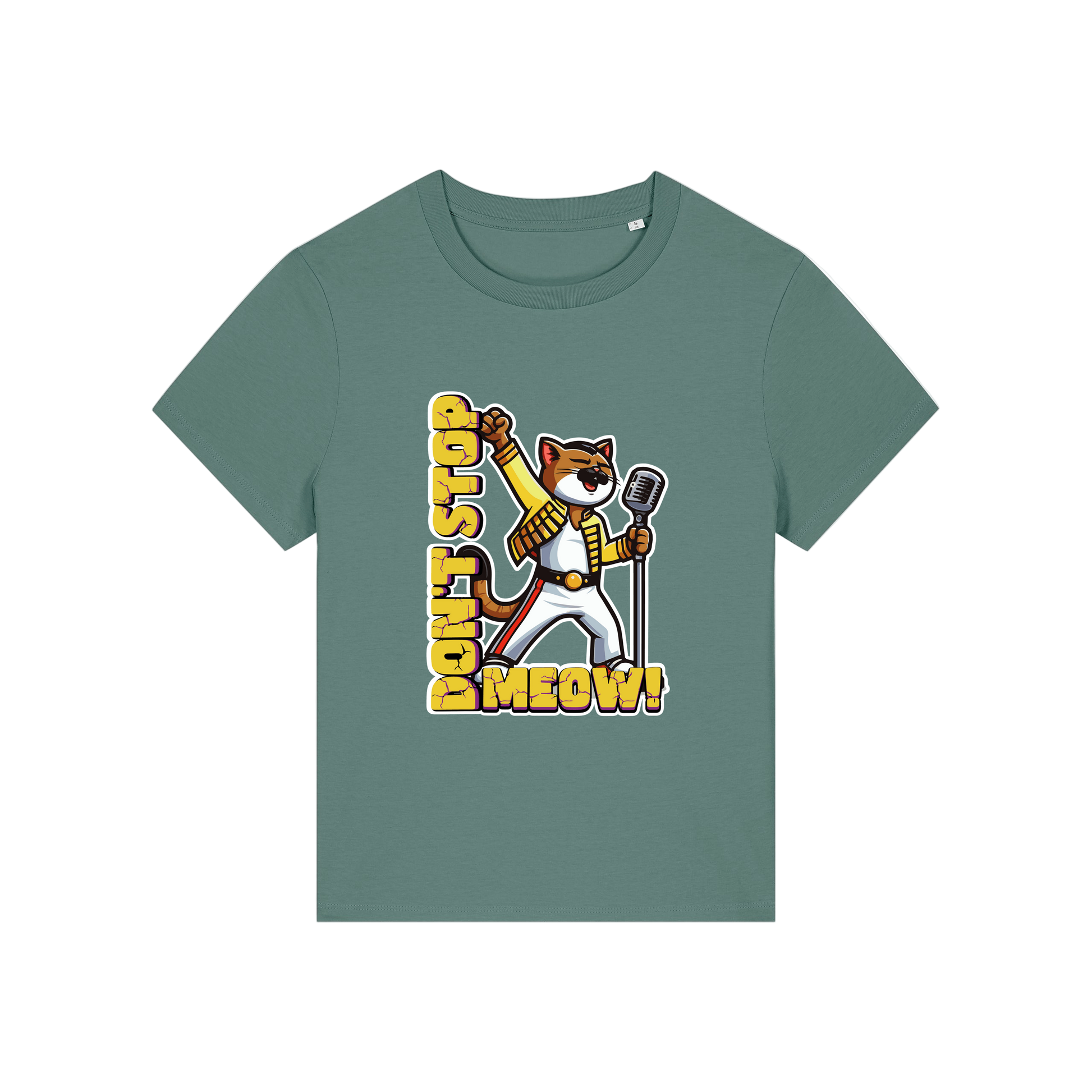 green music t-shirt with the graphic of a cat dressed as freddie mercury and the slogan 'don't stop meow'