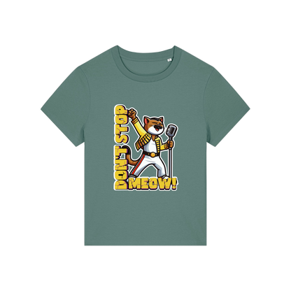 green music t-shirt with the graphic of a cat dressed as freddie mercury and the slogan 'don't stop meow'