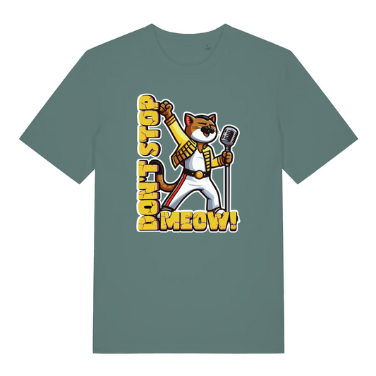 women's music t-shirt with the green graphic of a cat dressed as freddie mercury and the slogan 'don't stop meow'