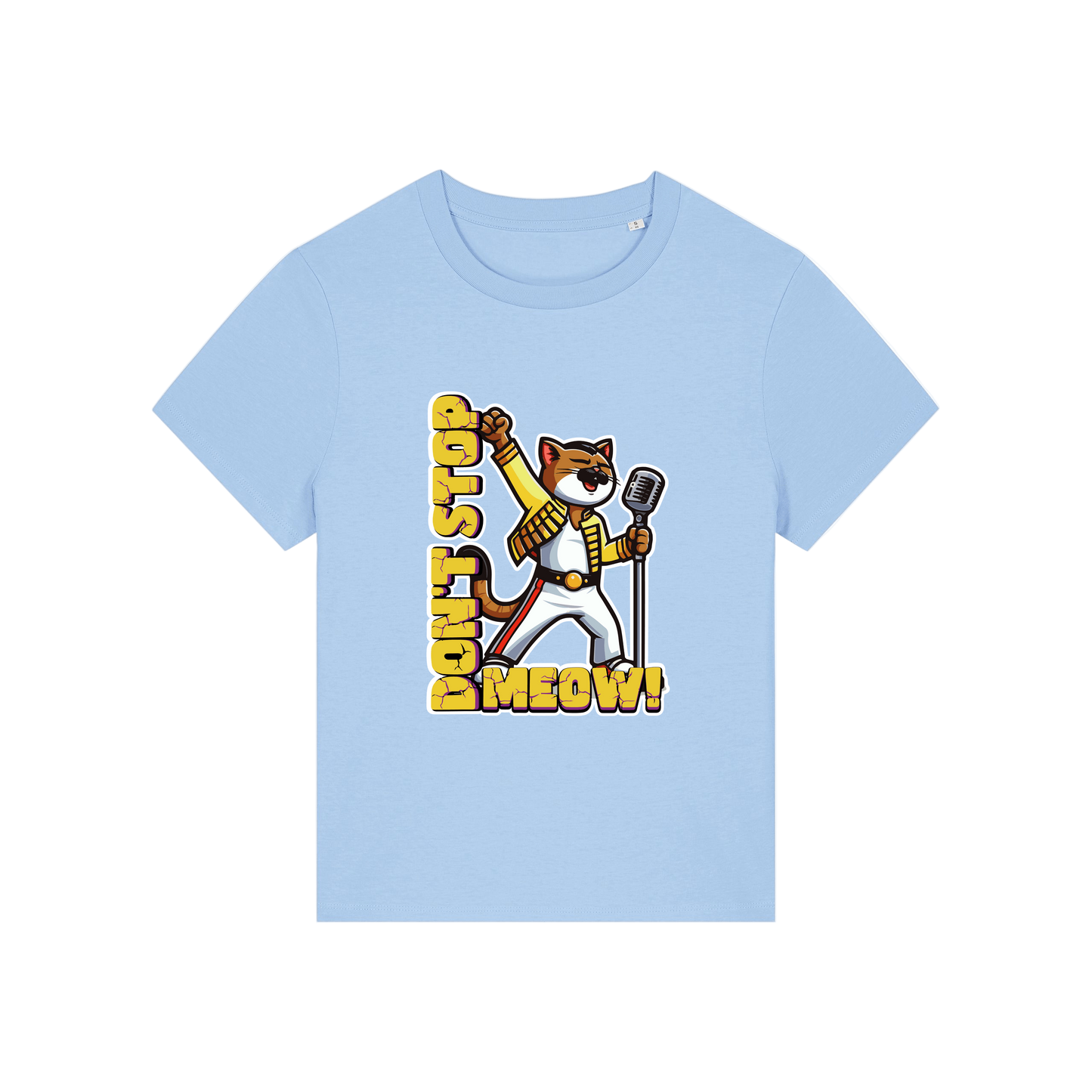 light blue music t-shirt with the graphic of a cat dressed as freddie mercury and the slogan 'don't stop meow'