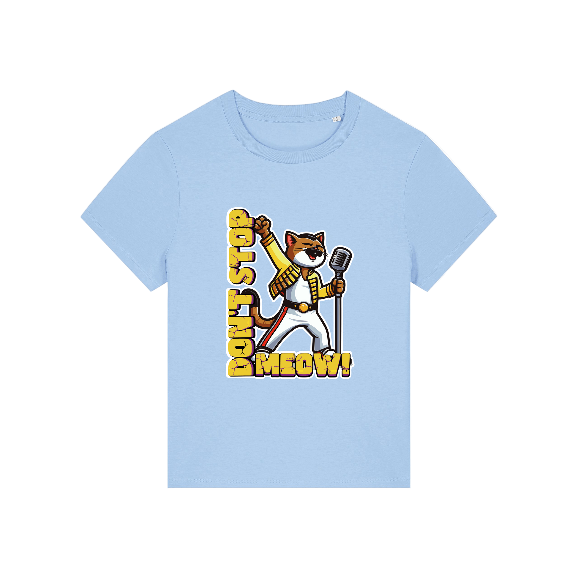 light blue music t-shirt with the graphic of a cat dressed as freddie mercury and the slogan 'don't stop meow'