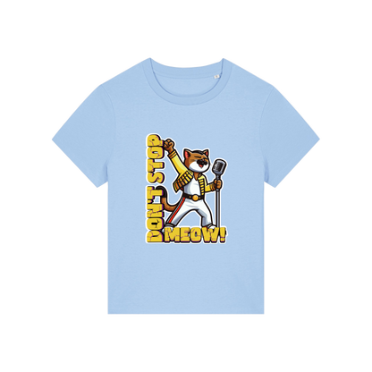 light blue music t-shirt with the graphic of a cat dressed as freddie mercury and the slogan 'don't stop meow'