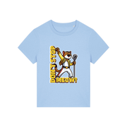 light blue music t-shirt with the graphic of a cat dressed as freddie mercury and the slogan 'don't stop meow'