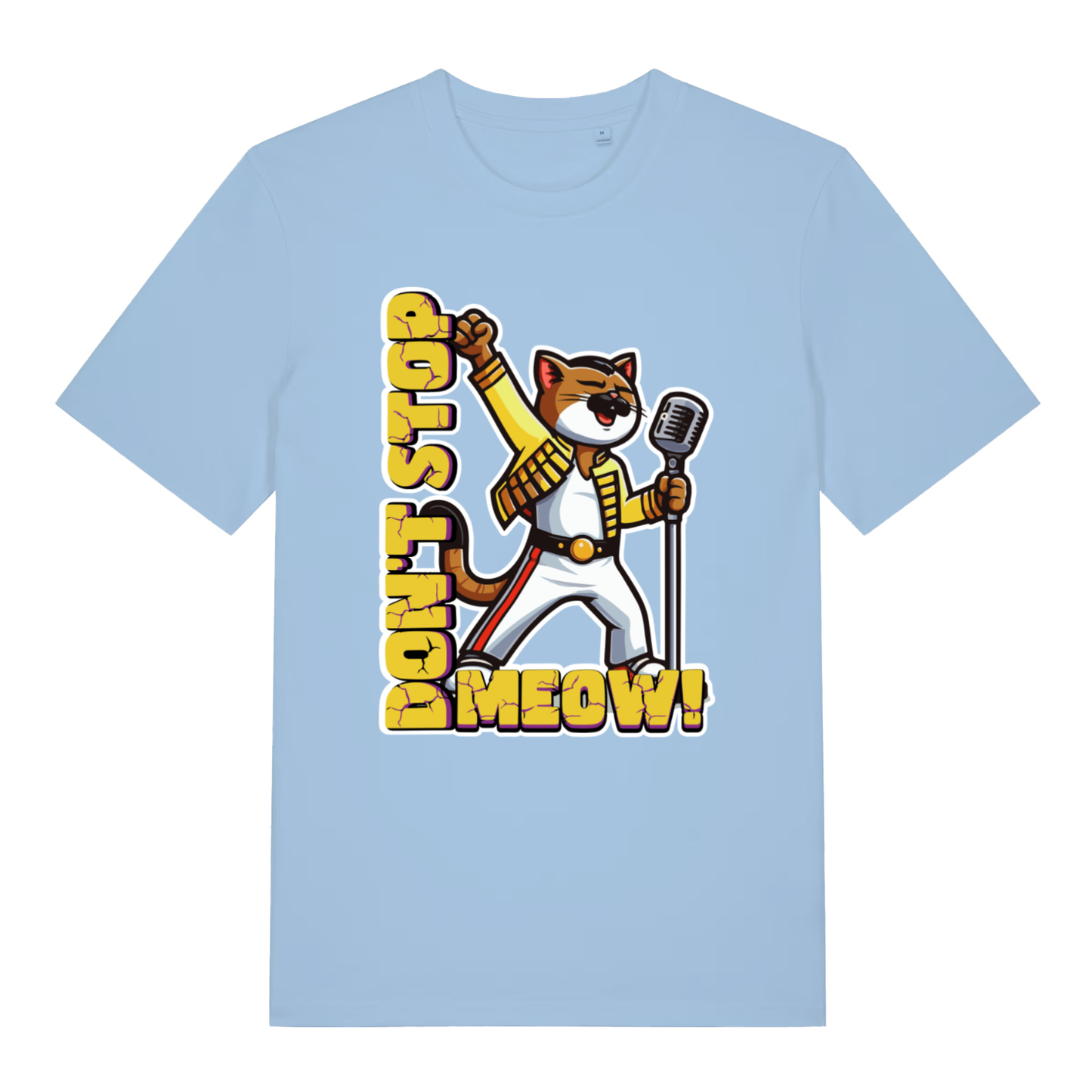 Light Blue women's Don't Stop Meow T-shirt flat lay displaying epic "Don't Stop Meow" cat design