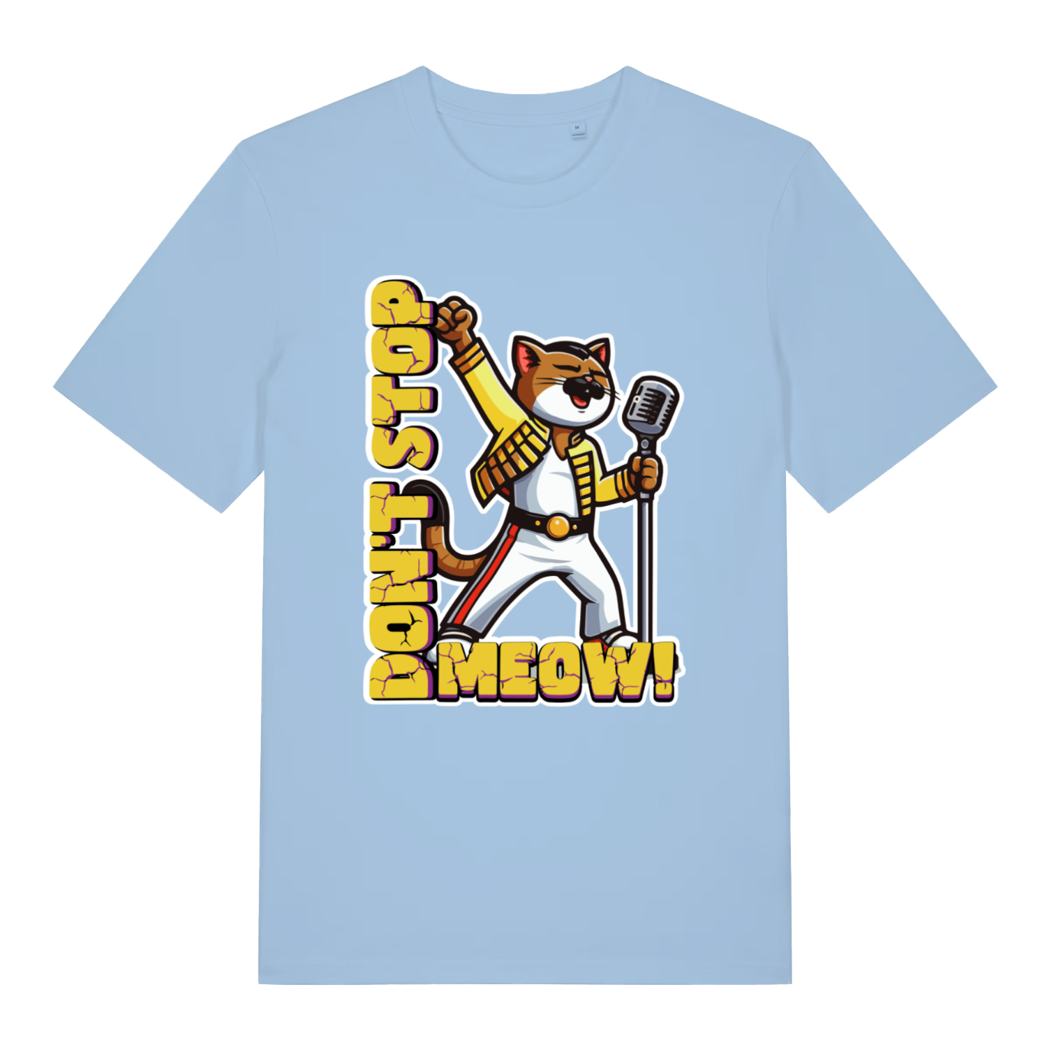 Light Blue women's Don't Stop Meow T-shirt flat lay displaying epic "Don't Stop Meow" cat design