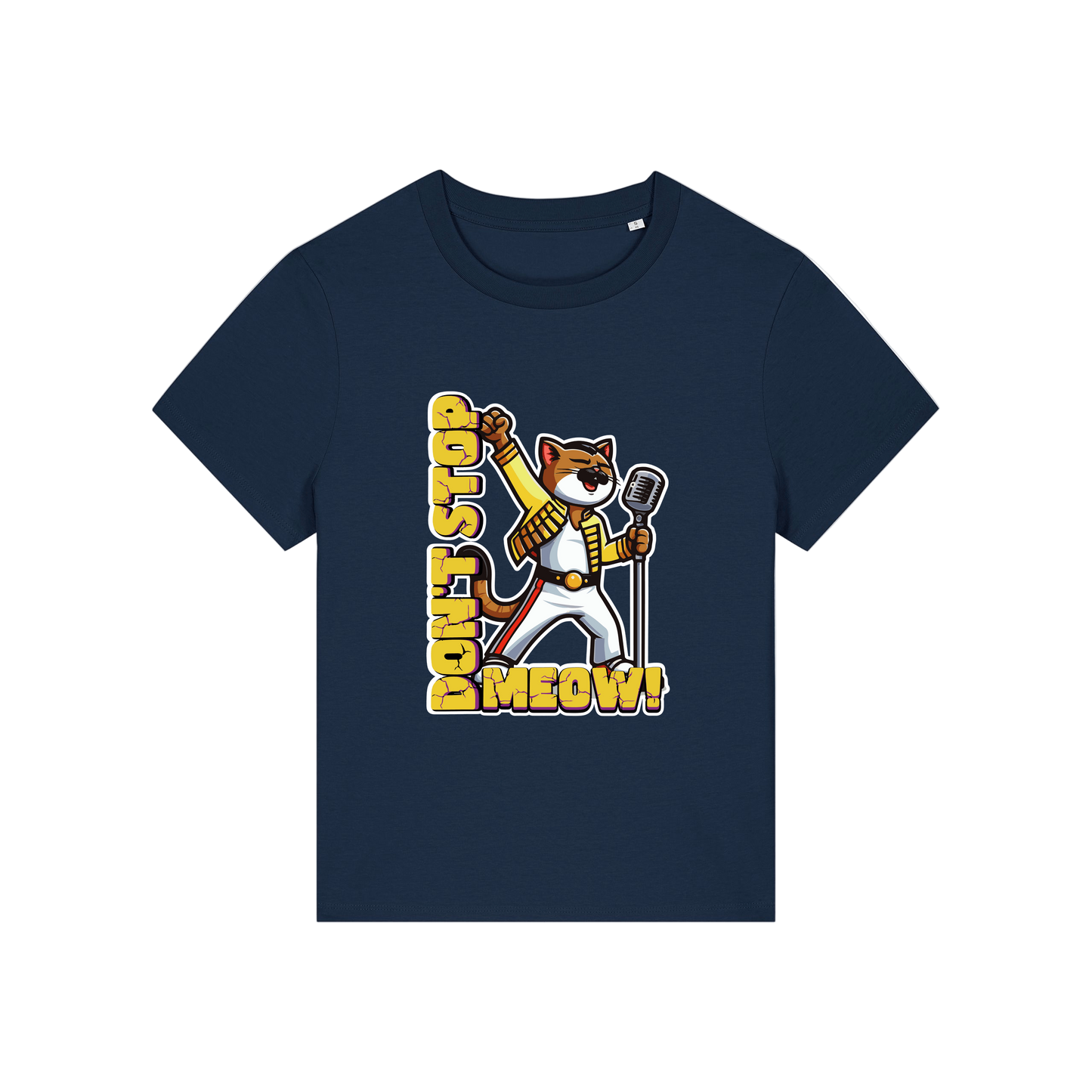 navy music t-shirt with the graphic of a cat dressed as freddie mercury and the slogan 'don't stop meow'
