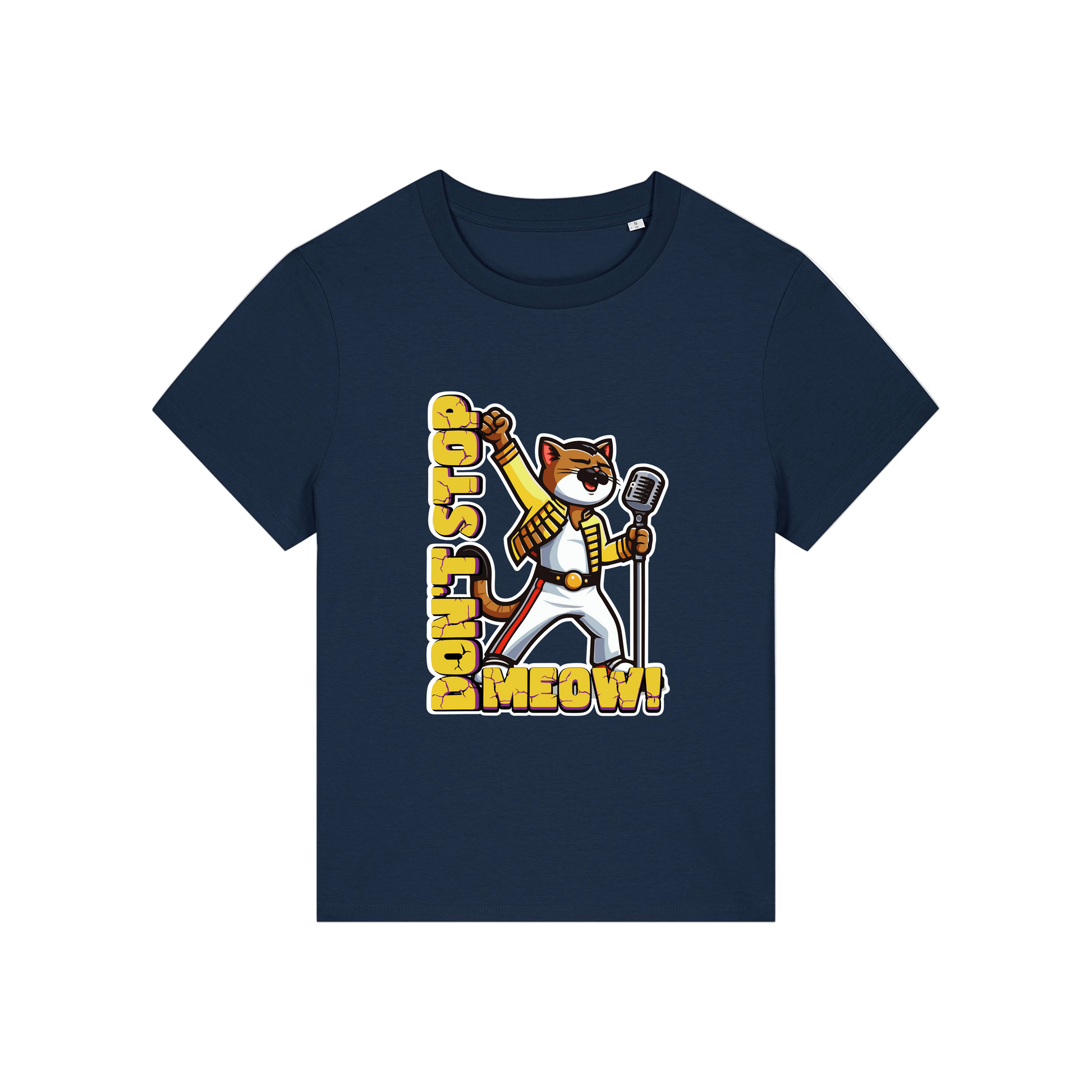 navy music t-shirt with the graphic of a cat dressed as freddie mercury and the slogan 'don't stop meow'