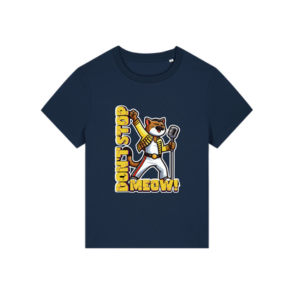 navy music t-shirt with the graphic of a cat dressed as freddie mercury and the slogan 'don't stop meow'