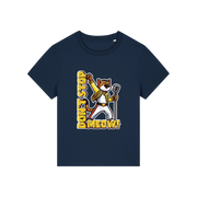 navy music t-shirt with the graphic of a cat dressed as freddie mercury and the slogan 'don't stop meow'
