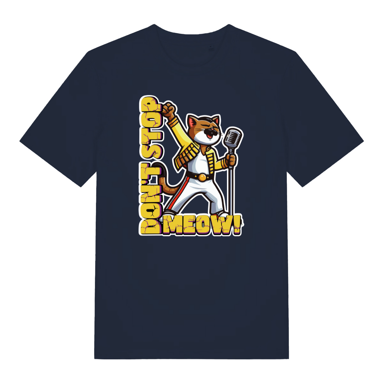navy women's music t-shirt with the graphic of a cat dressed as freddie mercury and the slogan 'don't stop meow'