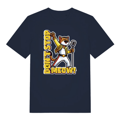 navy women's music t-shirt with the graphic of a cat dressed as freddie mercury and the slogan 'don't stop meow'