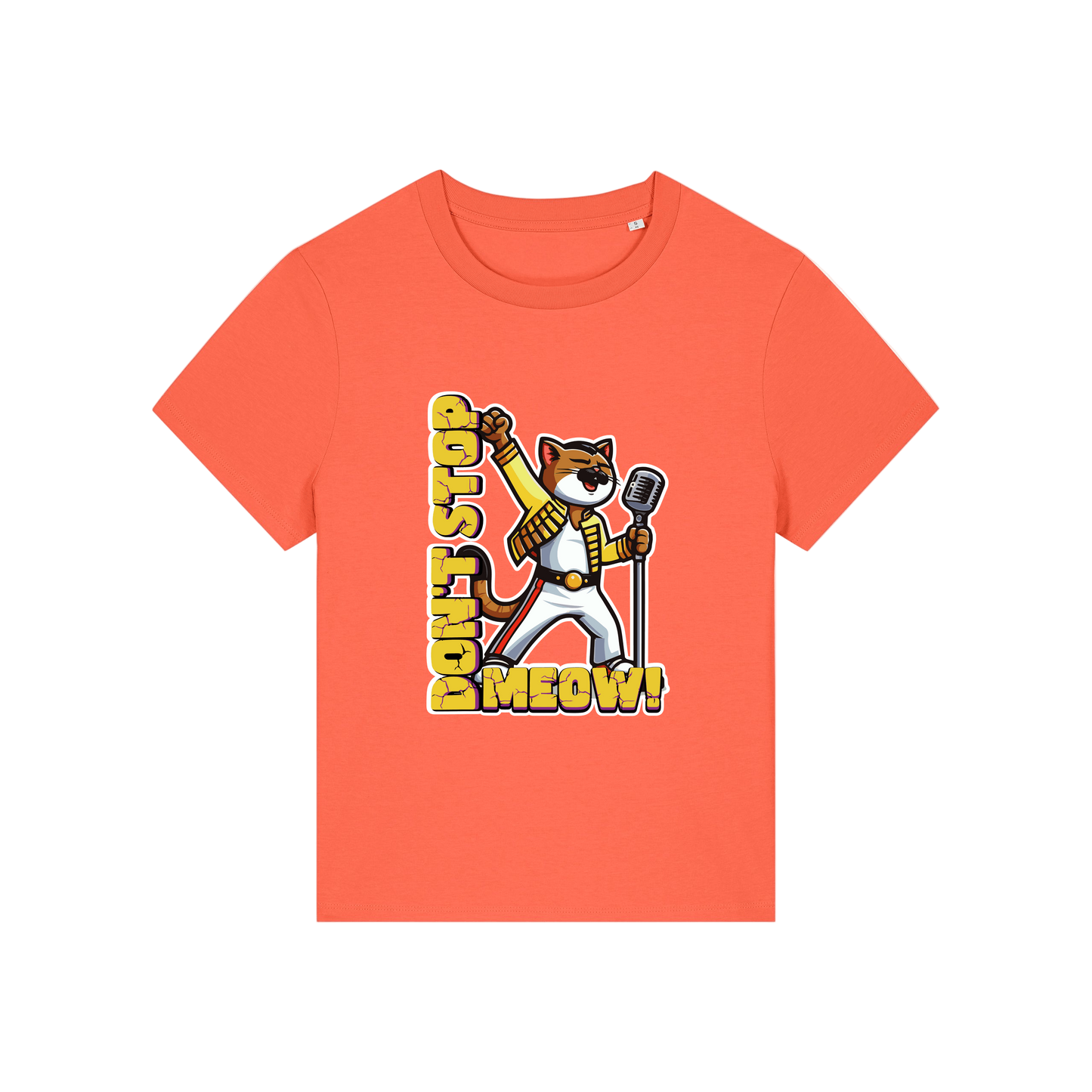 orange music t-shirt with the graphic of a cat dressed as freddie mercury and the slogan 'don't stop meow'