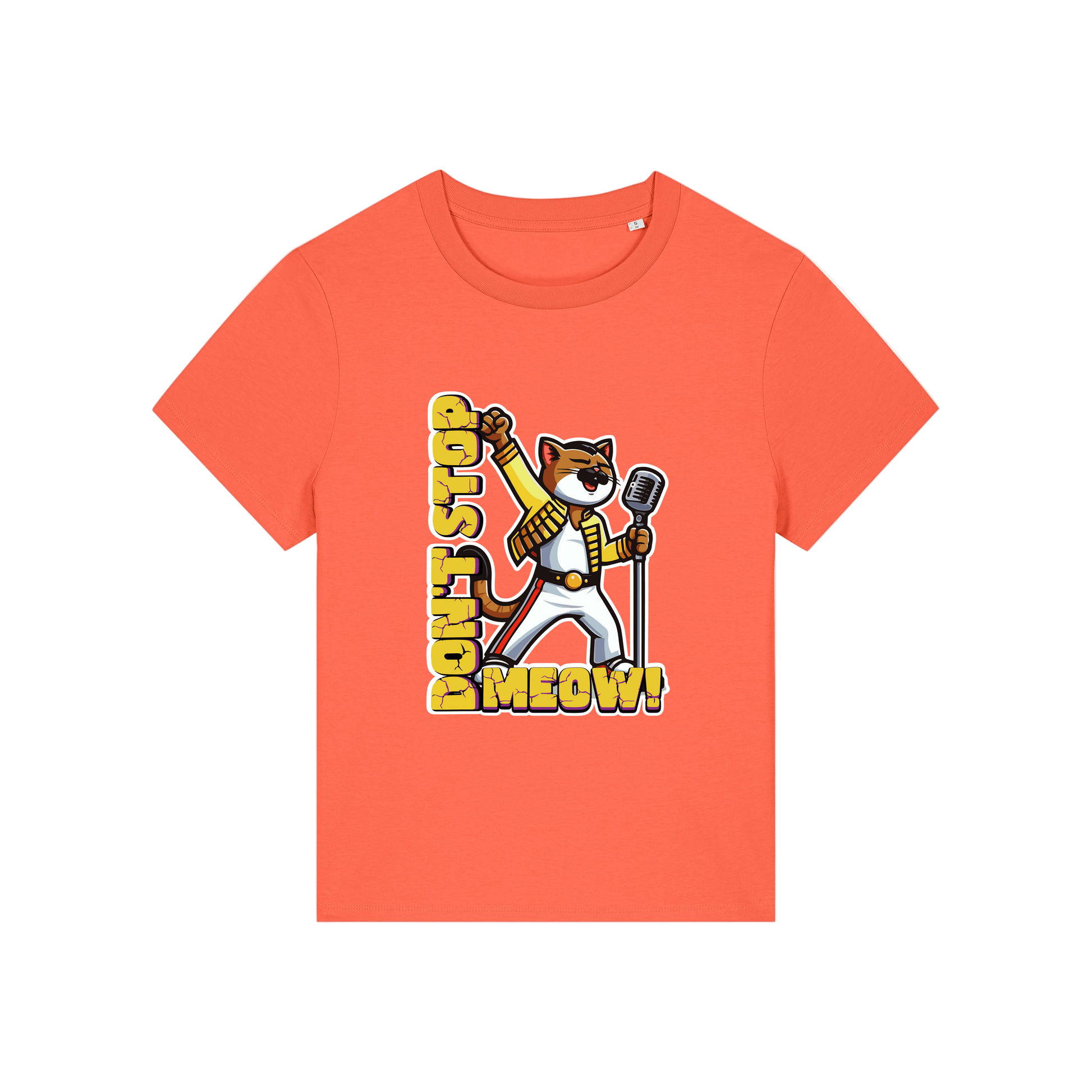 orange music t-shirt with the graphic of a cat dressed as freddie mercury and the slogan 'don't stop meow'