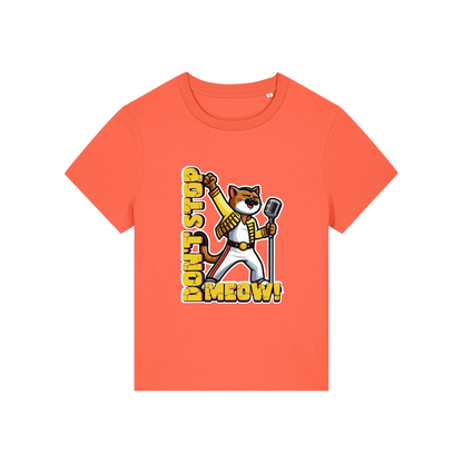 orange music t-shirt with the graphic of a cat dressed as freddie mercury and the slogan 'don't stop meow'