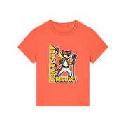 orange music t-shirt with the graphic of a cat dressed as freddie mercury and the slogan 'don't stop meow'