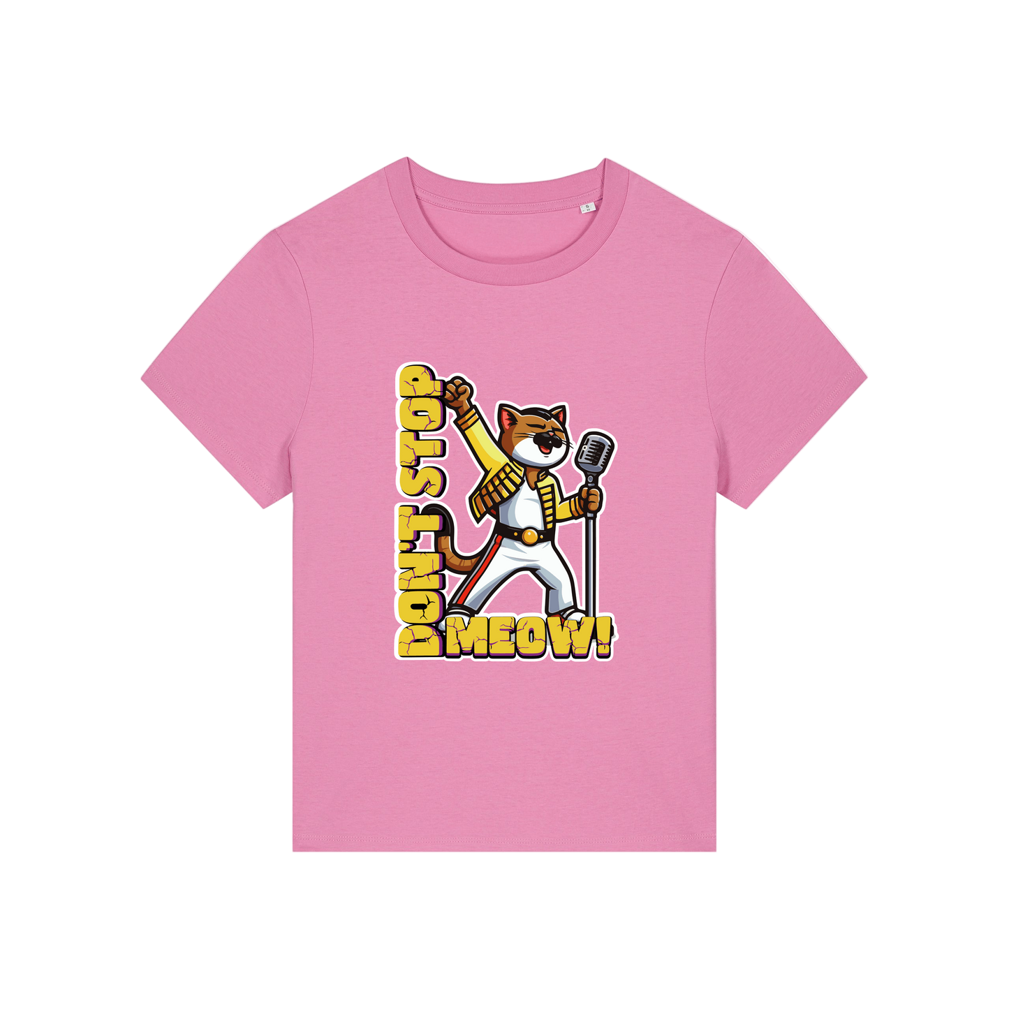 pink music t-shirt with the graphic of a cat dressed as freddie mercury and the slogan 'don't stop meow'