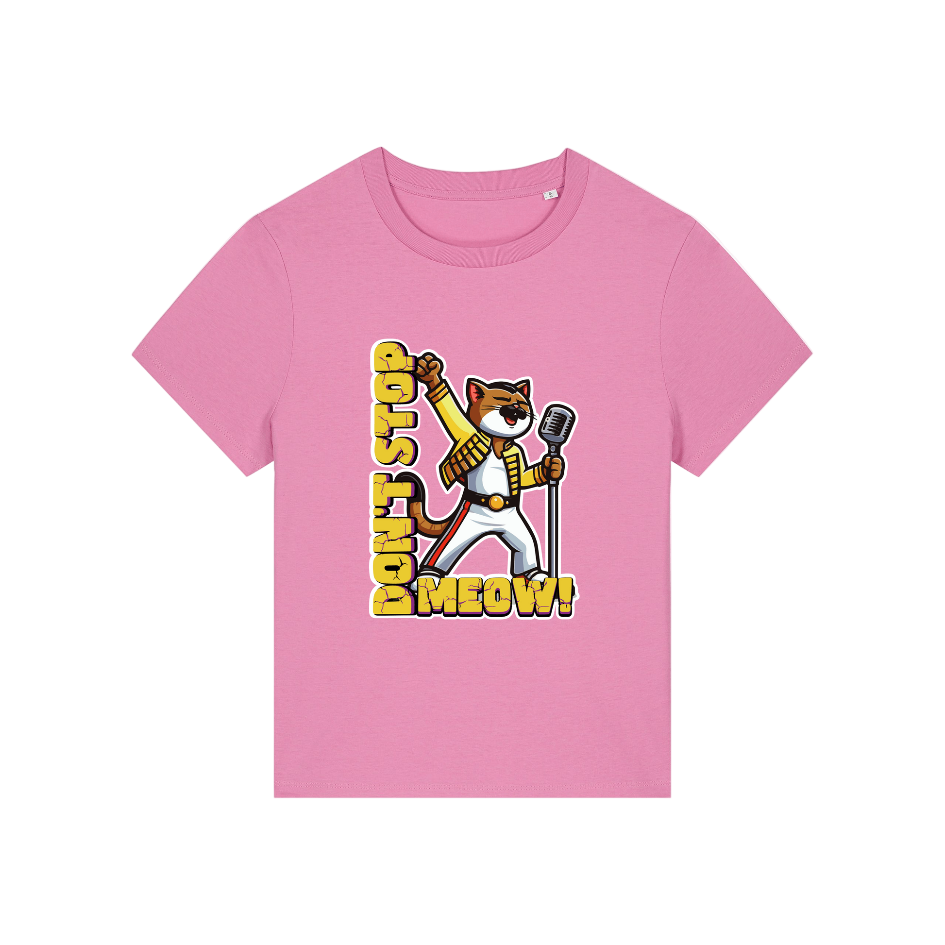 pink music t-shirt with the graphic of a cat dressed as freddie mercury and the slogan 'don't stop meow'