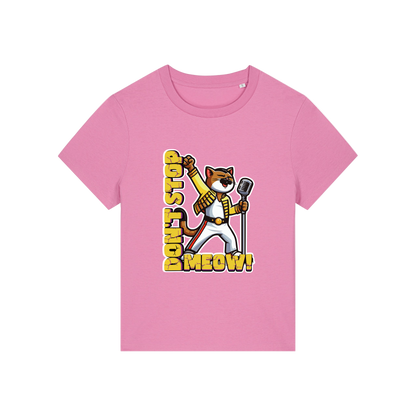 pink music t-shirt with the graphic of a cat dressed as freddie mercury and the slogan 'don't stop meow'