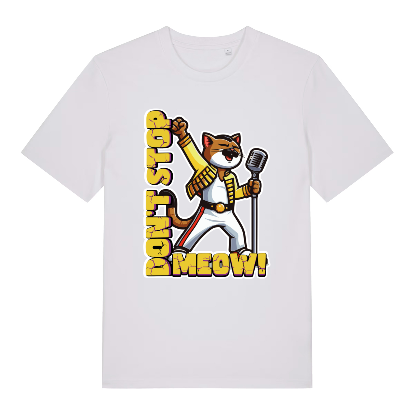 White women's Don't Stop Meow T-shirt flat lay with clean Freddie Mercury cat microphone artwork