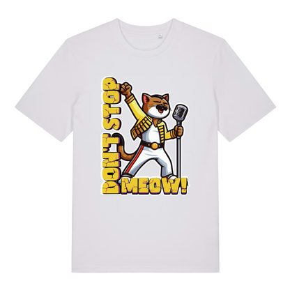 White women's Don't Stop Meow T-shirt flat lay with clean Freddie Mercury cat microphone artwork
