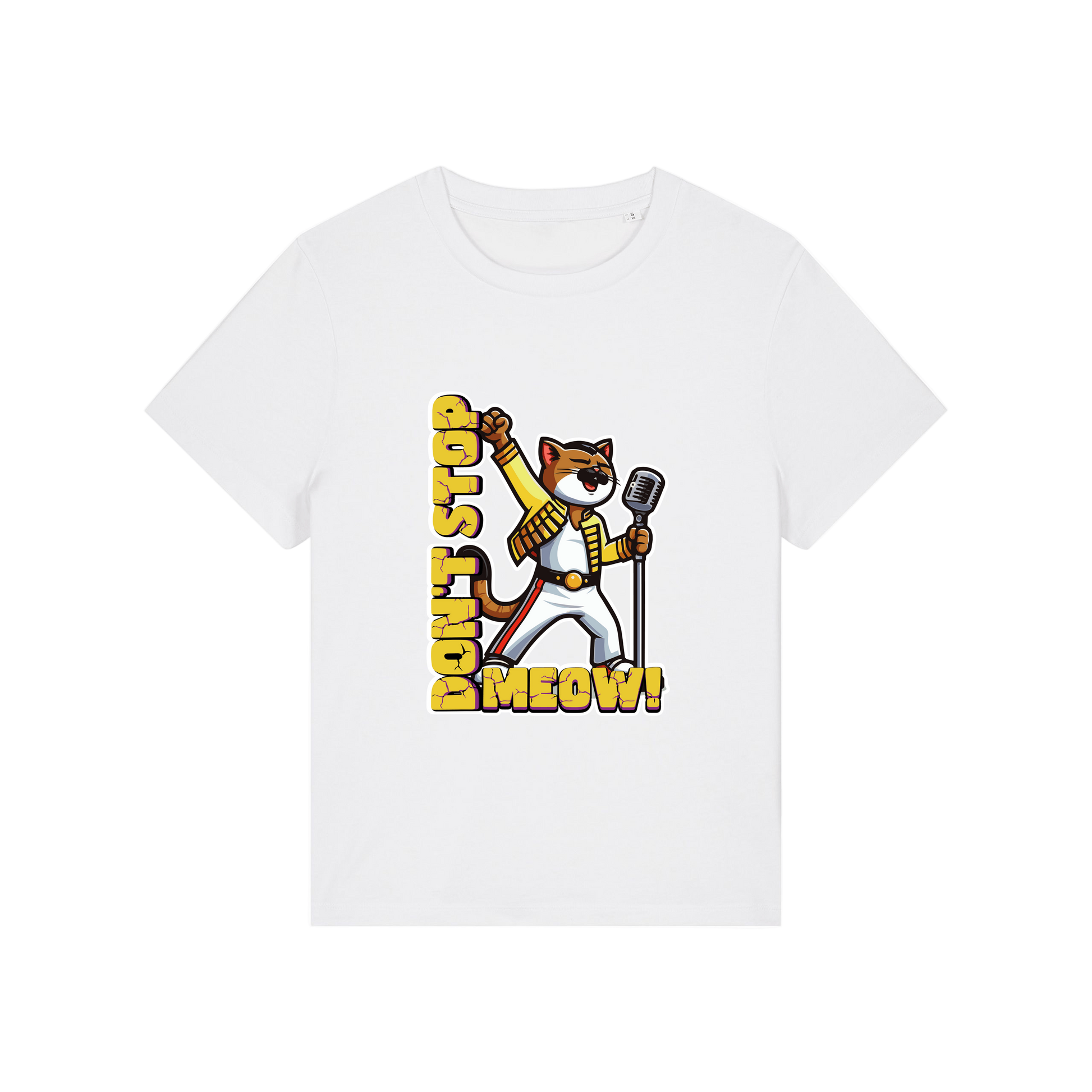 white music t-shirt with the graphic of a cat dressed as freddie mercury and the slogan 'don't stop meow'