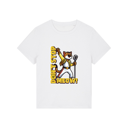 white music t-shirt with the graphic of a cat dressed as freddie mercury and the slogan 'don't stop meow'