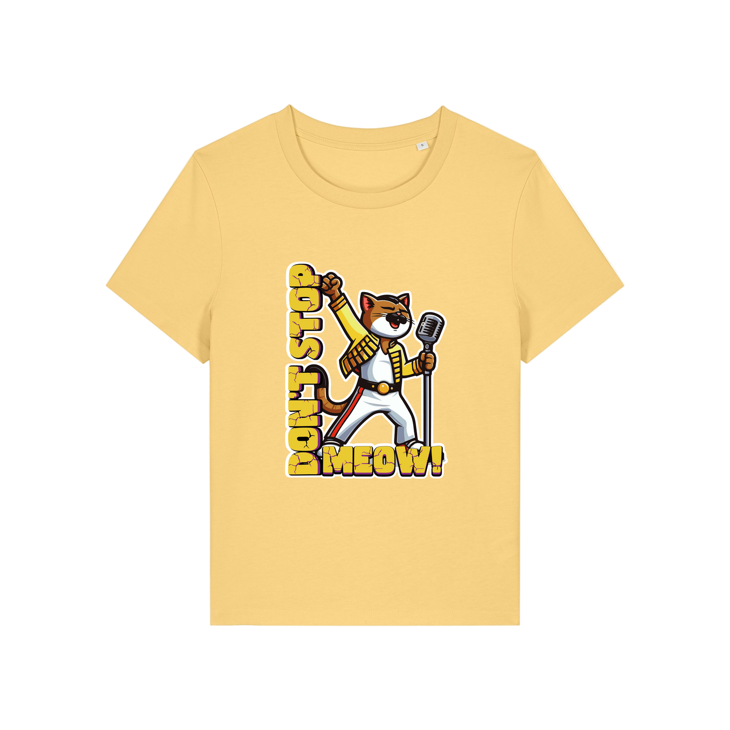 yellow music t-shirt with the graphic of a cat dressed as freddie mercury and the slogan 'don't stop meow'