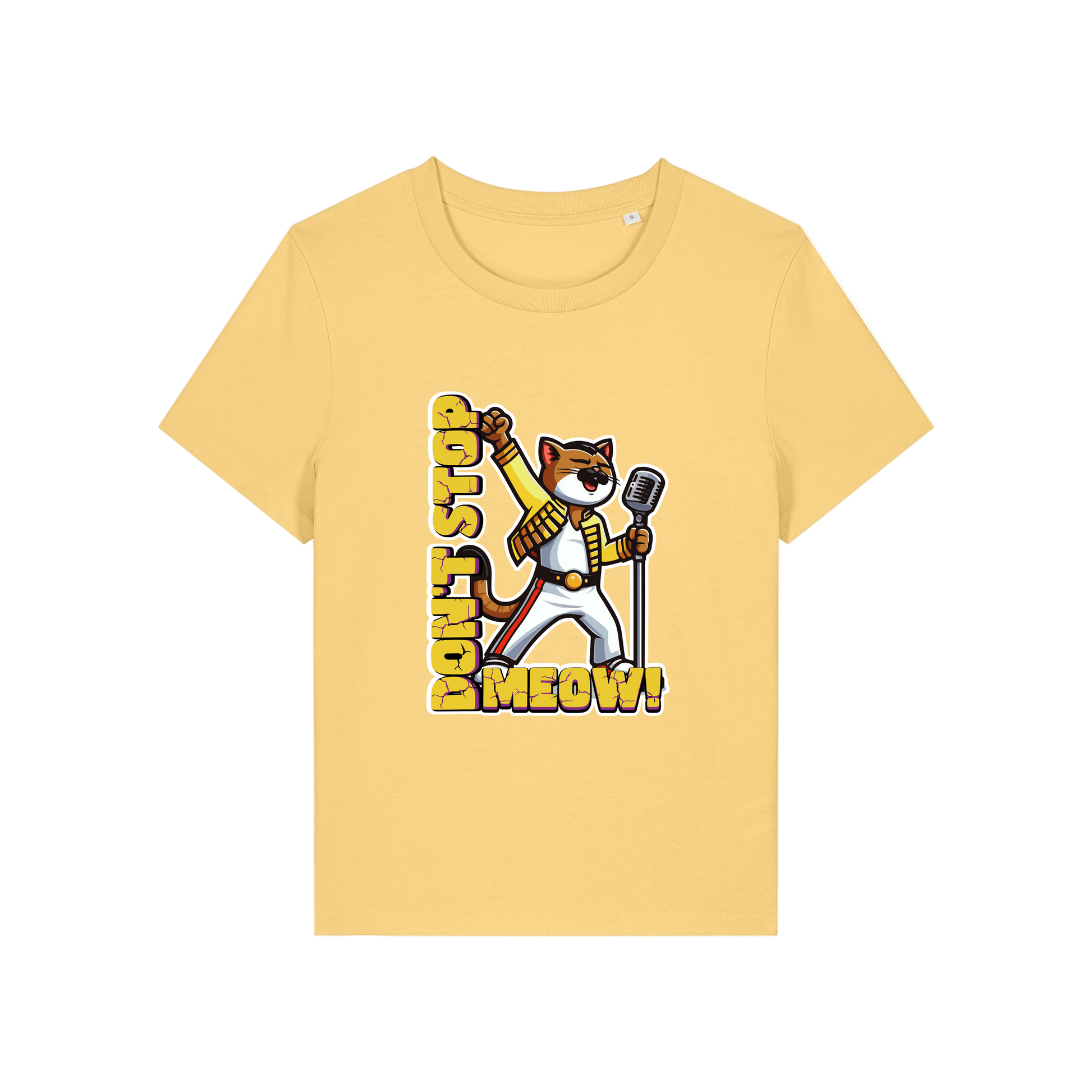yellow music t-shirt with the graphic of a cat dressed as freddie mercury and the slogan 'don't stop meow'