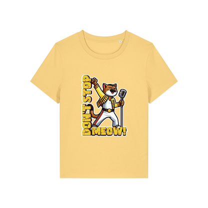 yellow music t-shirt with the graphic of a cat dressed as freddie mercury and the slogan 'don't stop meow'