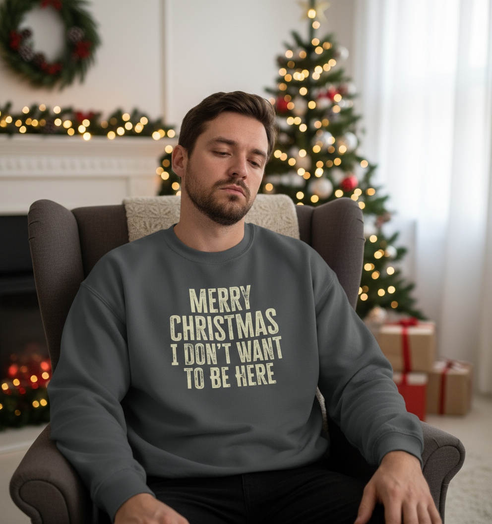 Man wearing a sweatshirt with 'Merry Christmas I don't want to be here' text, sitting in a festive room with Christmas decorations.