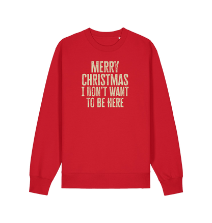 red christmas sweater with the slogan 'merry christmas i don't want to be here'