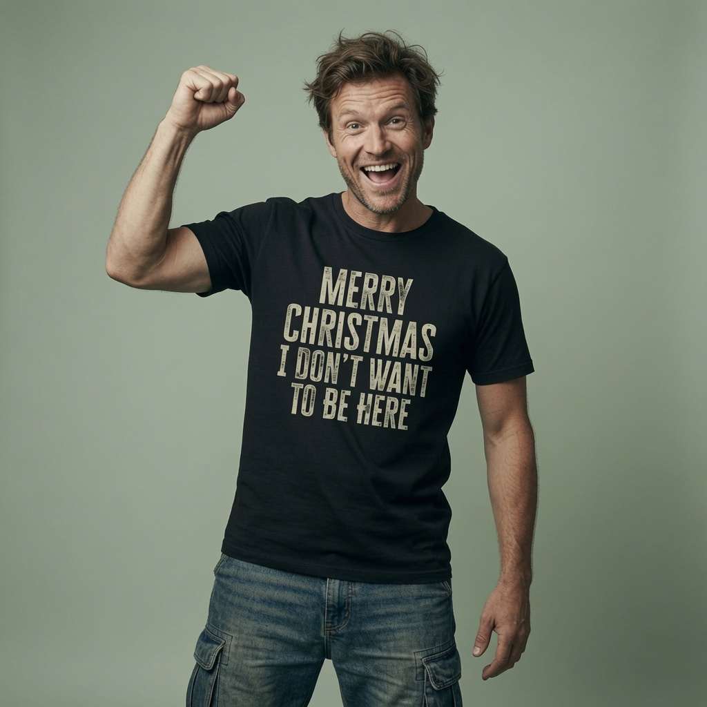 Man cheering with fist raised in black Merry Christmas I Don’t Want To Be Here tee, mens anti-Christmas slogan