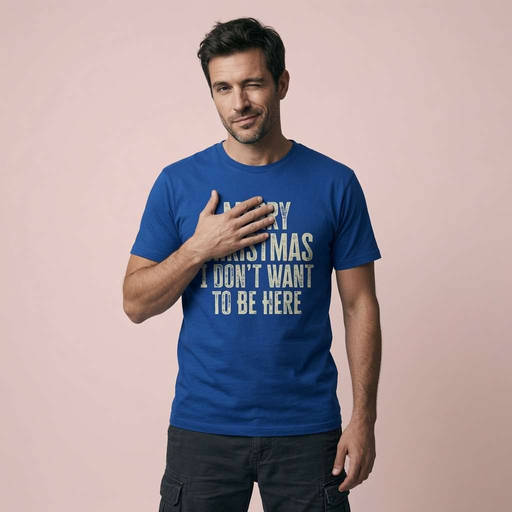 Man winking with hand on chest in blue Merry Christmas I Don’t Want To Be Here t-shirt, funny anti-xmas slogan