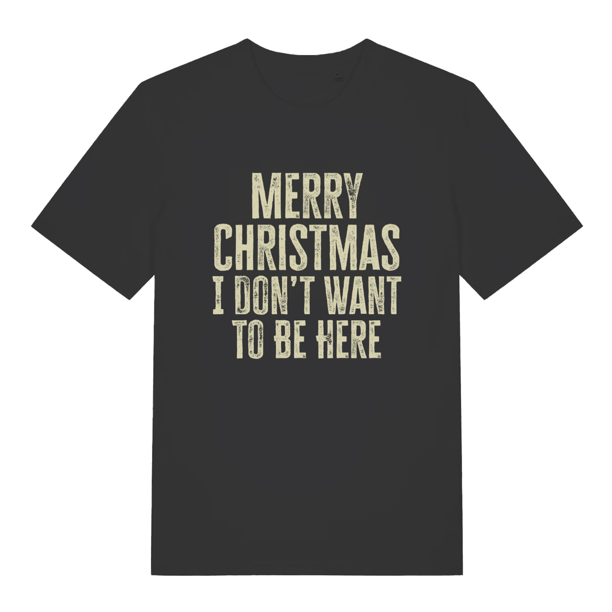 Black women's Merry Christmas I Don't Want To Be Here T-shirt flat lay with distressed grumpy slogan graphic
