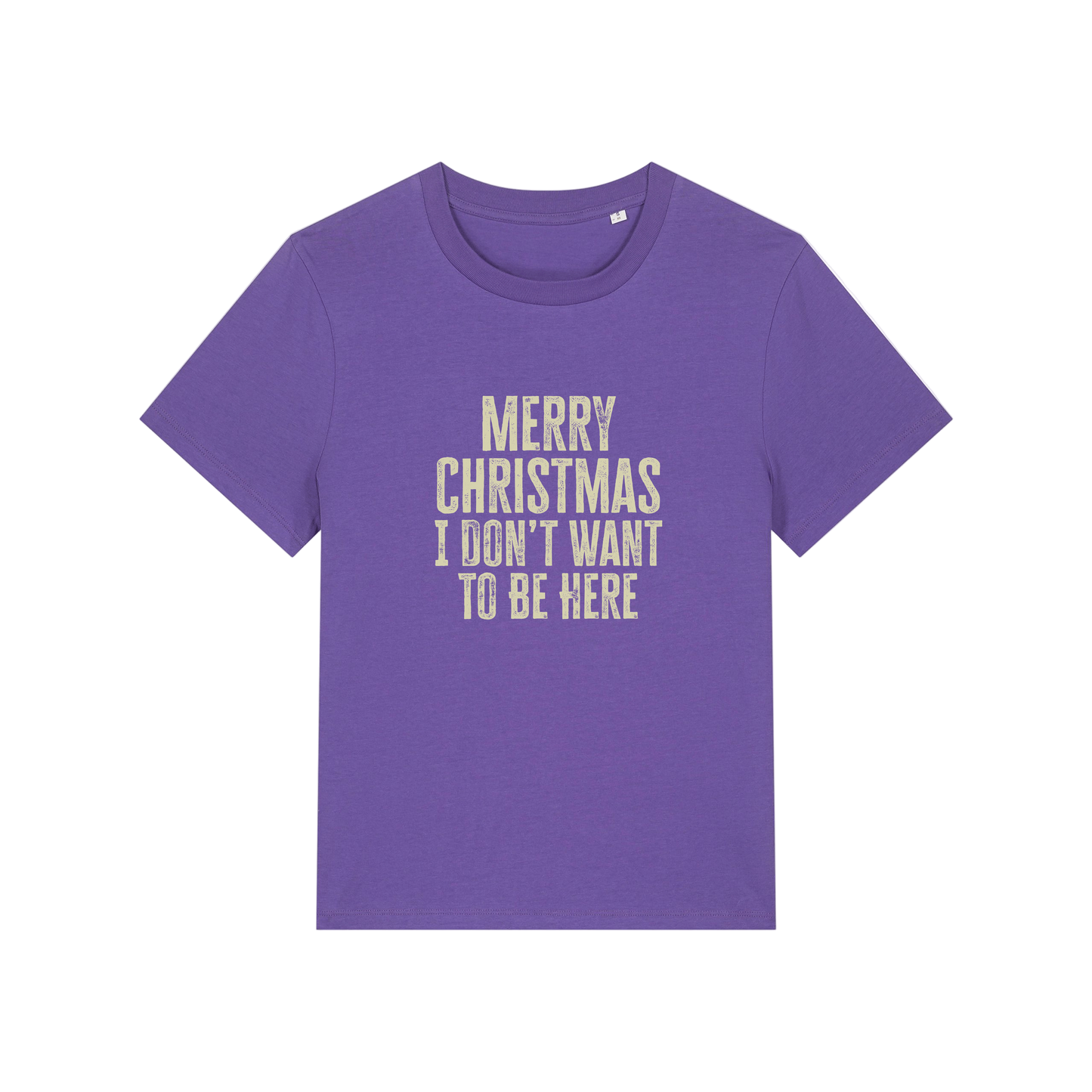purple christmas slogan t-shirt with the slogan 'merry christmas i don't want to be here'