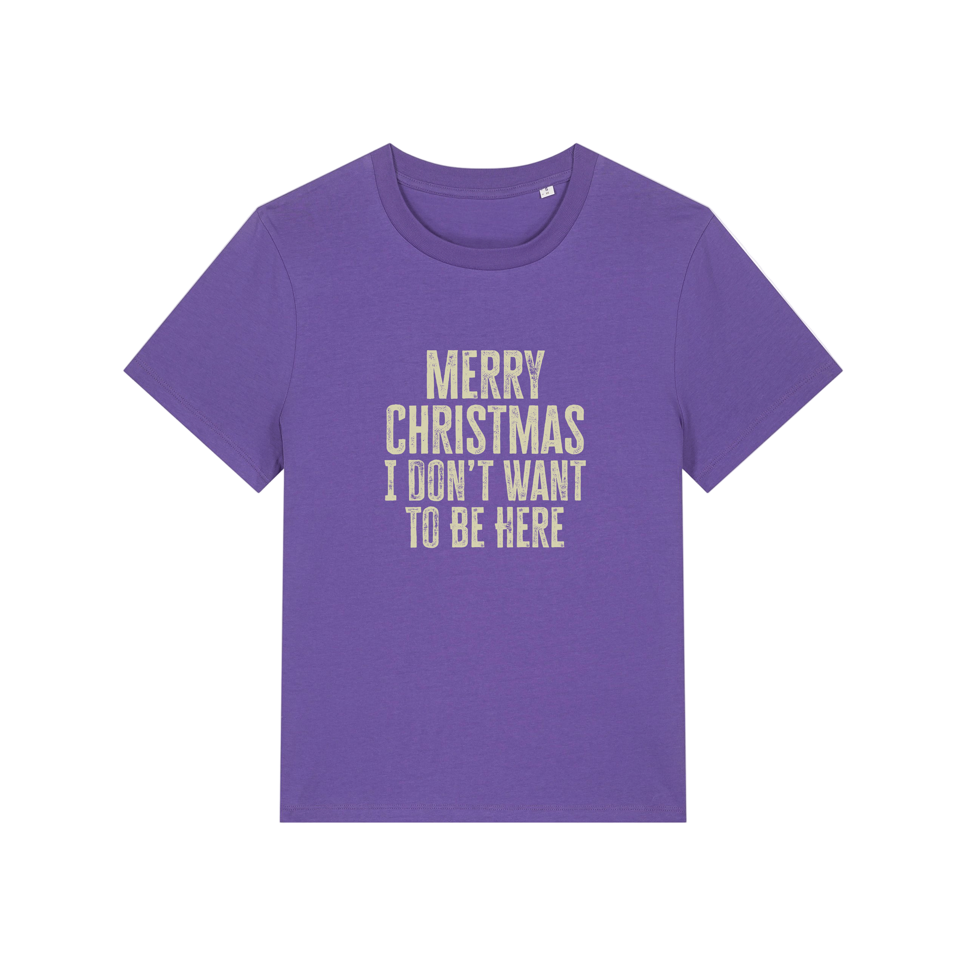 purple christmas slogan t-shirt with the slogan 'merry christmas i don't want to be here'