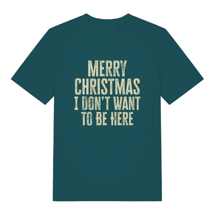 Stargazer women's Merry Christmas I Don't Want To Be Here T-shirt flat lay with classic grinch Christmas message