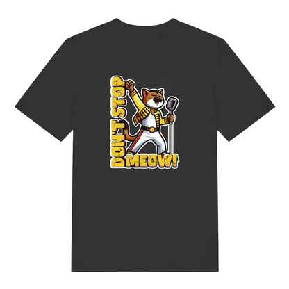 black graphic t-shirt with a cat singing and the slogan 'don't stop meow'
