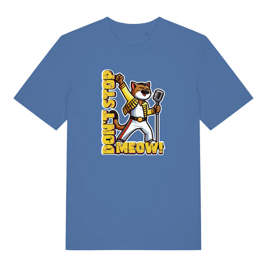 blue graphic t-shirt with a cat singing and the slogan 'don't stop meow'