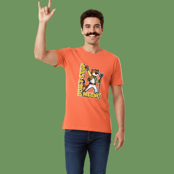 Man wearing an orange t-shirt with a graphic design on a transparent background