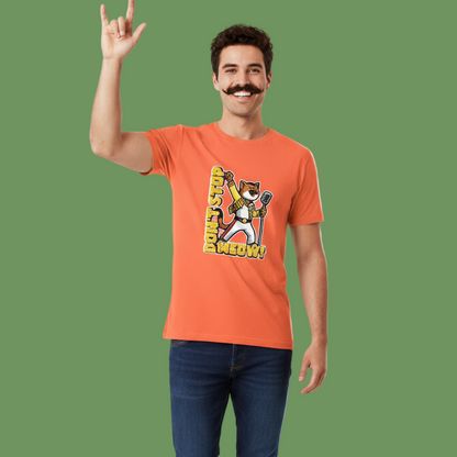 Man wearing an orange t-shirt with a graphic design on a transparent background