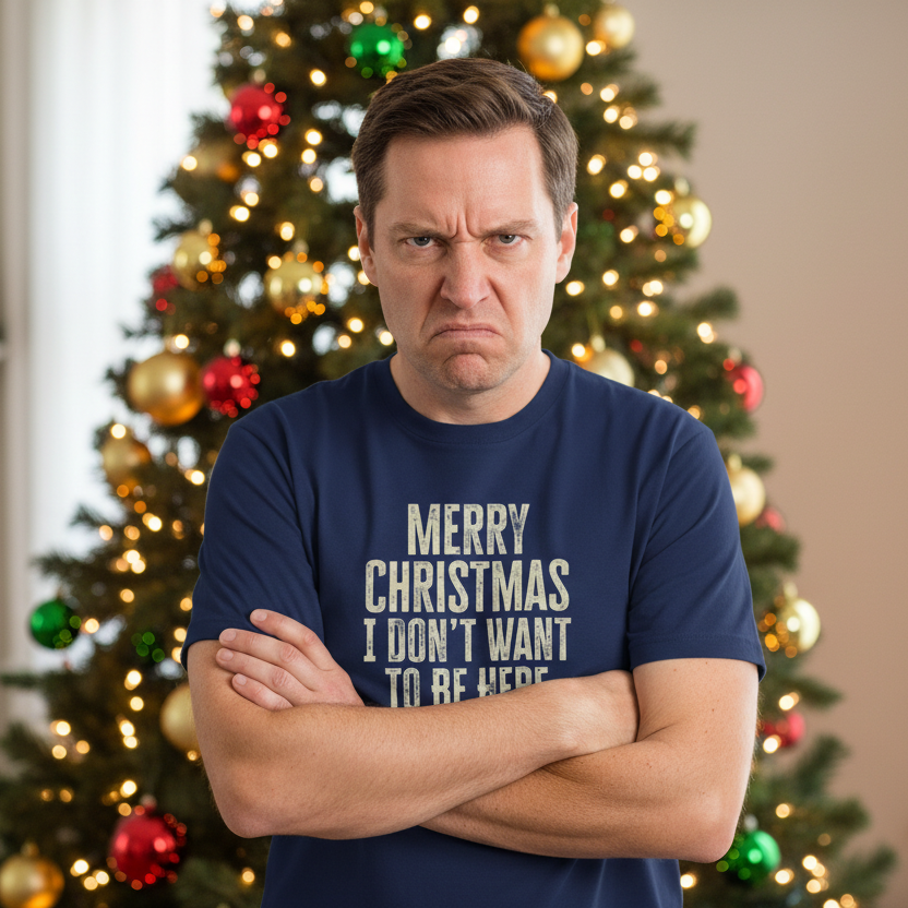 Man wearing a blue t-shirt with 'Merry Christmas I Don't Want to Be Here' text in front of a decorated Christmas tree.