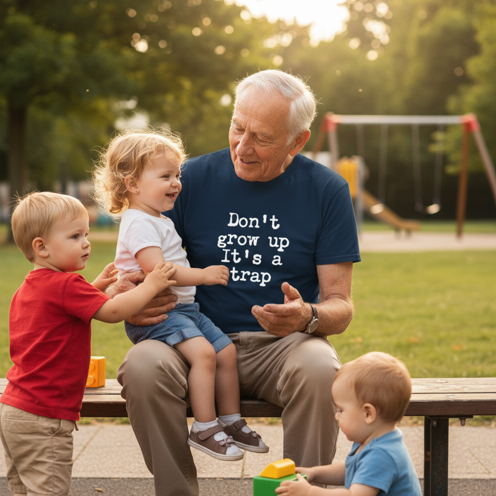 Man sitting on a bench with three children in a park, wearing a shirt with the text 'don't grow up it's a trap'