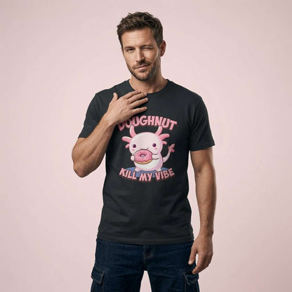 Man winking with hand on chest in black Doughnut Kill My Vibe t-shirt, witty axolotl pun graphic